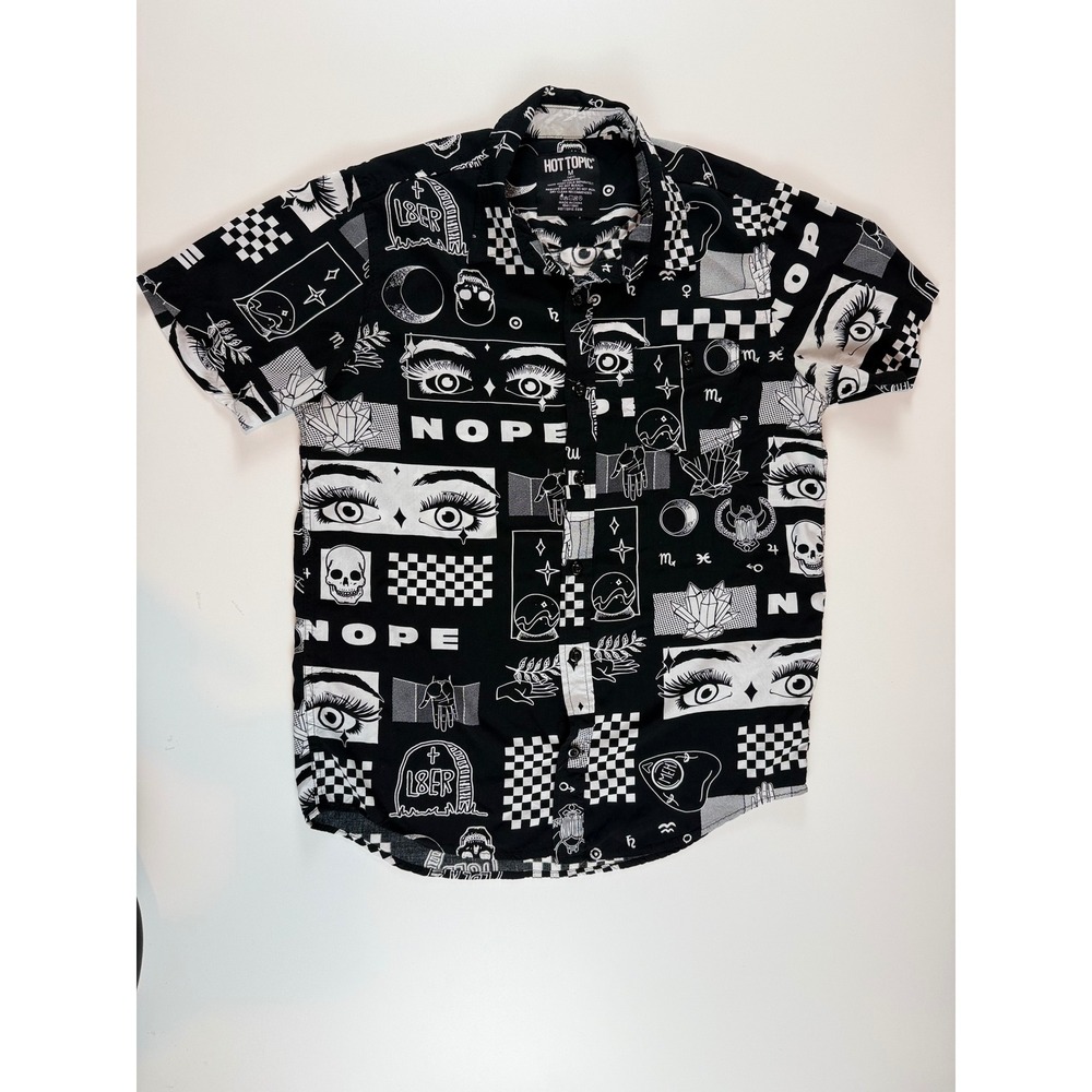 Hot Topic Mens Black White Graphic‎ Print Rayon Short Sleeve Button Up Shirt M